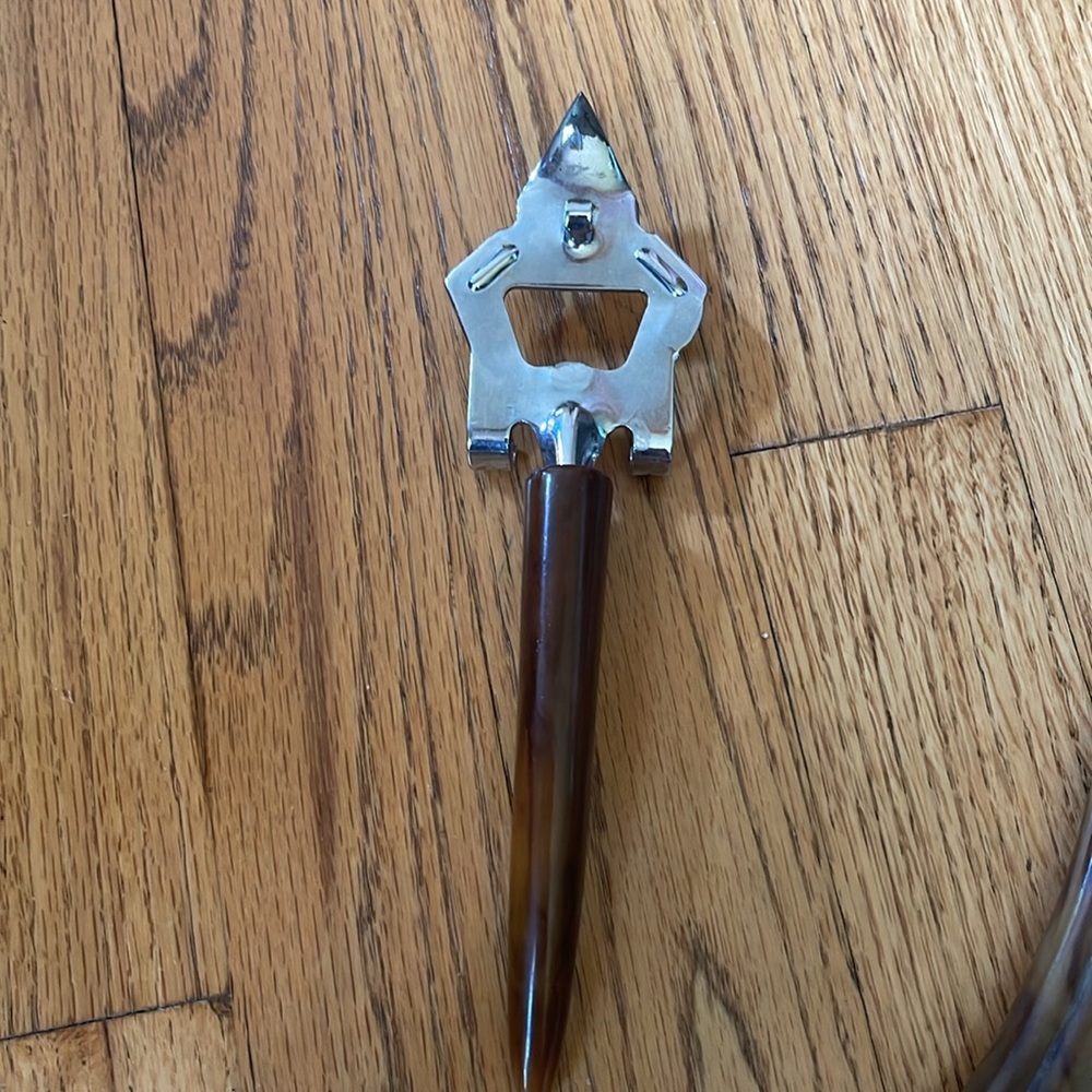 Vintage Cast Steel Knife Sharpening /Can Opener, Fork Marbled Bakelite Handle - Picture 10 of 10